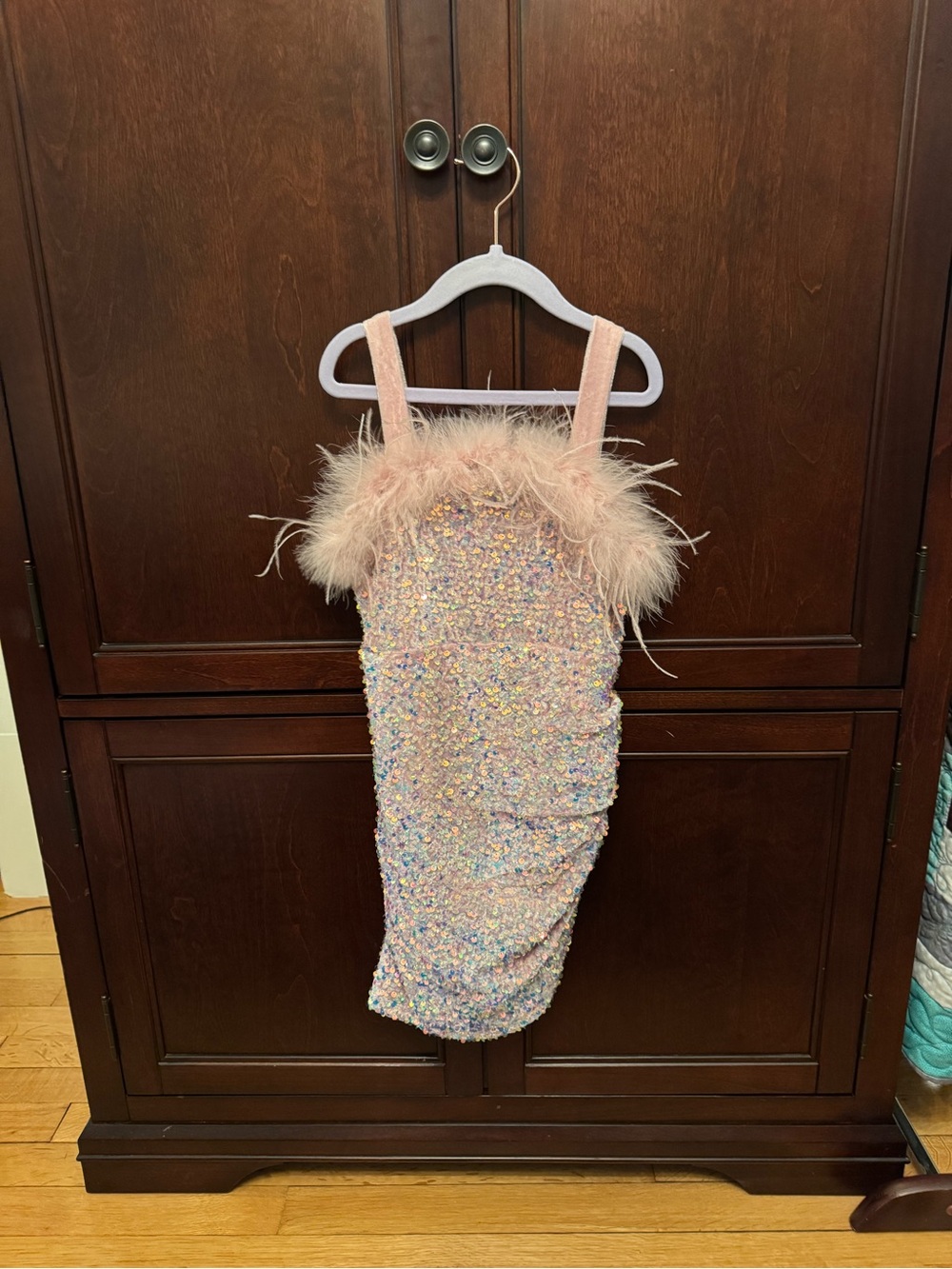 Sparkle Feather-Trim Pink Girls' Formal Dress